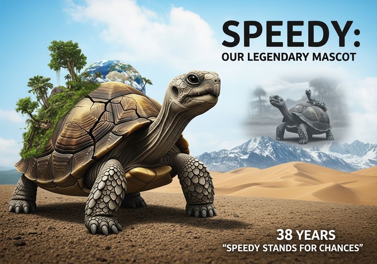 A lone tortoise walking on a long, dusty road, representing Speedy's journey.