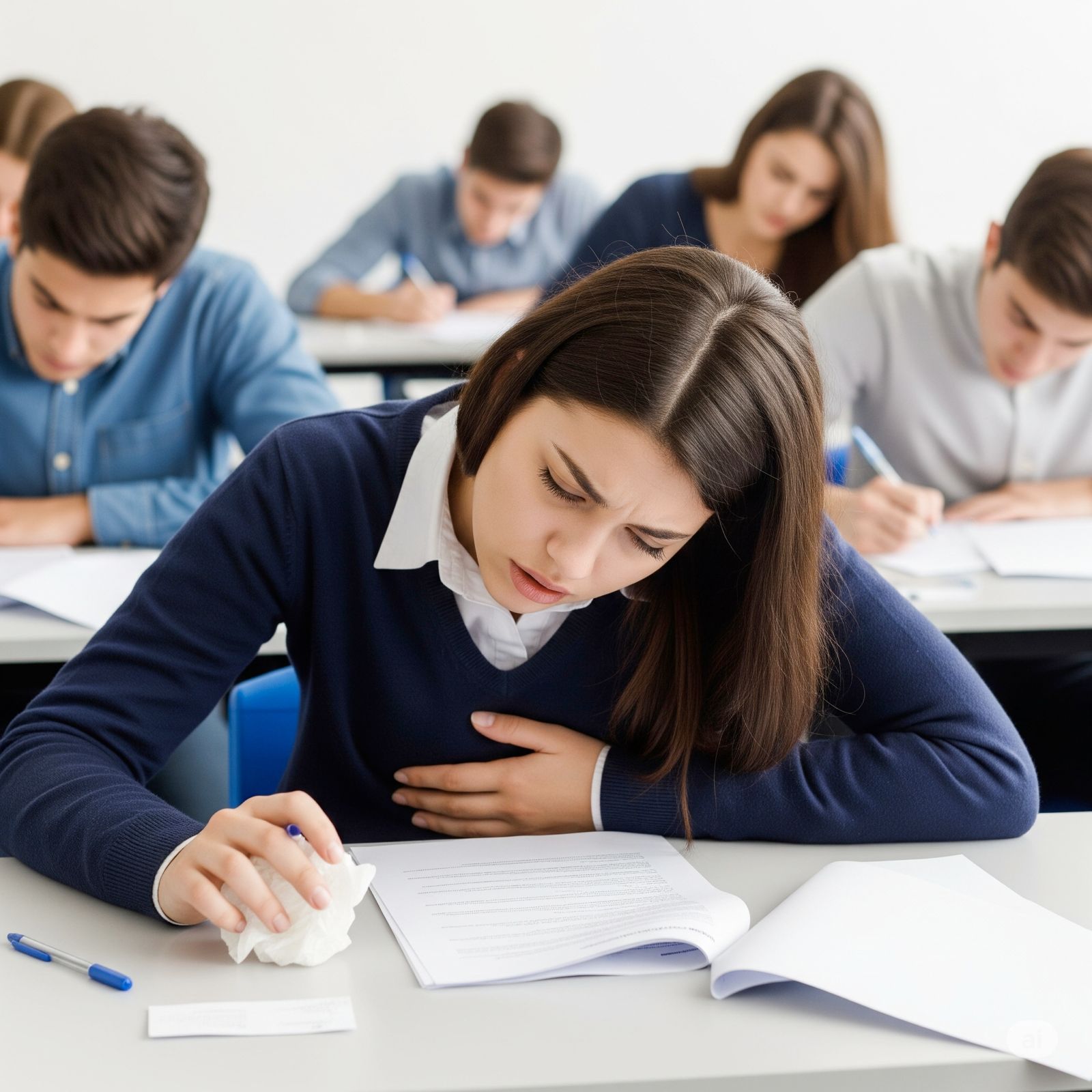 A student looking stressed during an exam